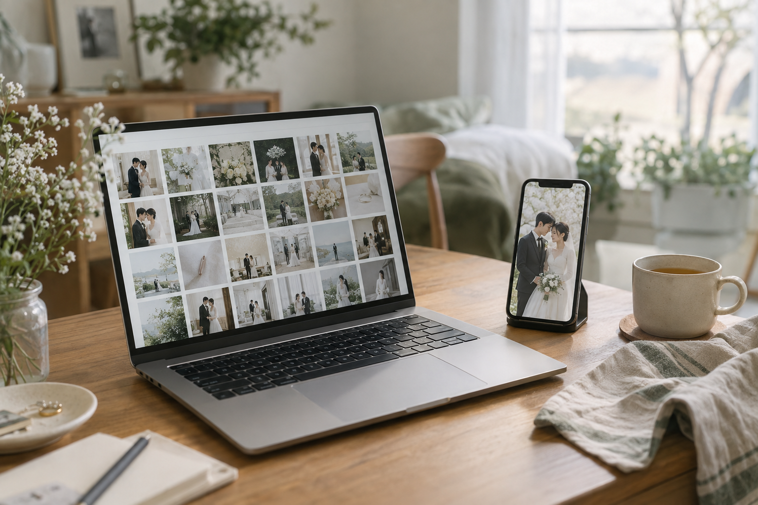 Choosing wedding photos on a phone and desktop: a practical handoff
